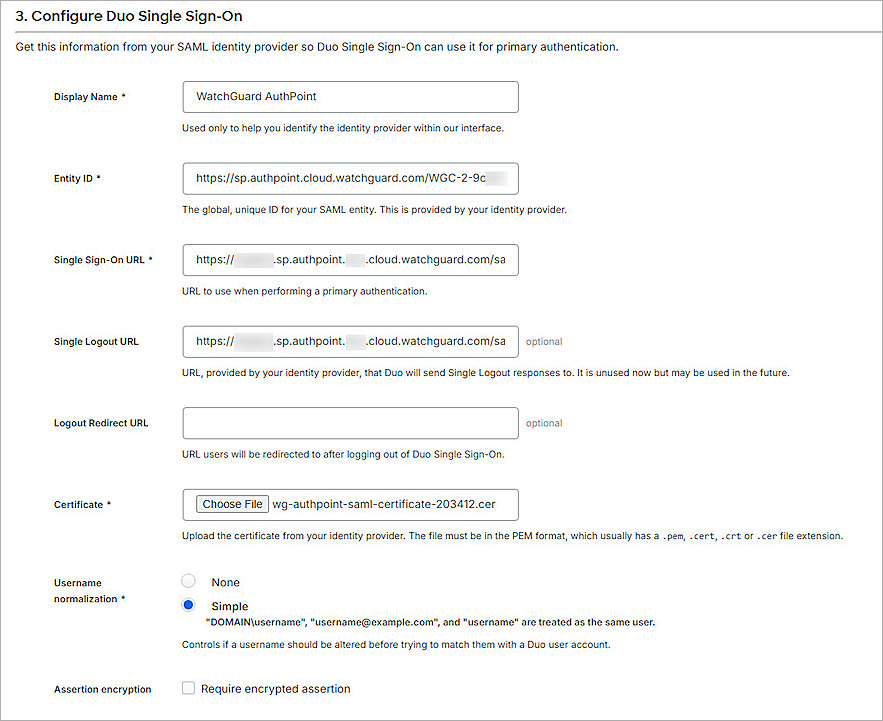 Screenshot of the Duo SSO settings for AuthPoint.